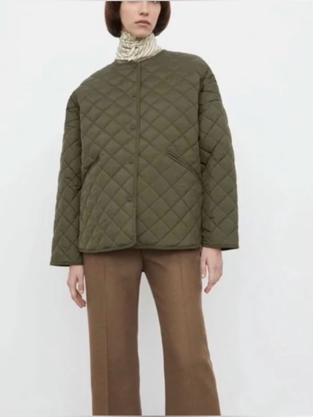 Toteme Signature Olive Quilted Coat Snap-Front Jacket Sz Sz L/XL Lagenlook